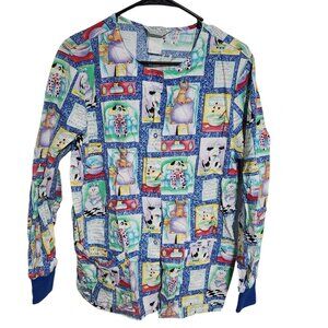 Cherokee Scrub Top Womens Size Medium Veterinarian Dogs Cats Long Sleeve Uniform